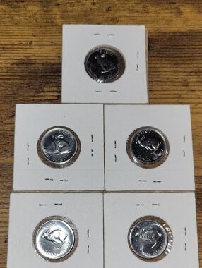 Set of five (5) 1967 Centennial Canadian Nickel Coins in White Coin Flips